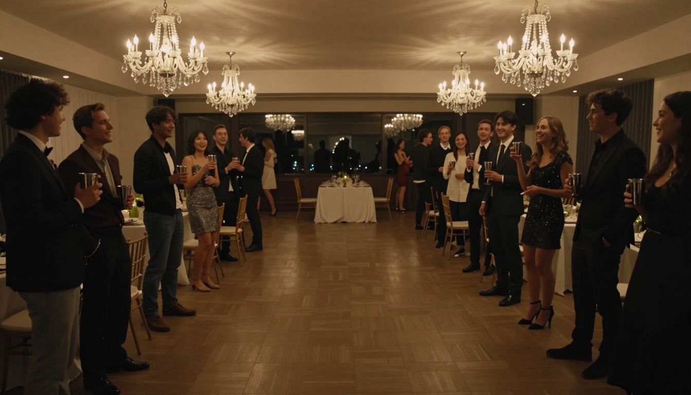 A chandelier-lit private party room with guests on both sides